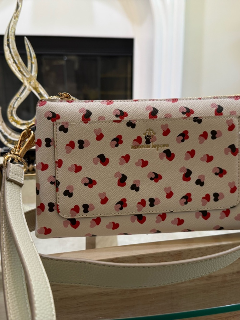 Nanette Lepore Cream Heart-Print Crossbody with Red Pink Black Hearts - Picture 7 of 11